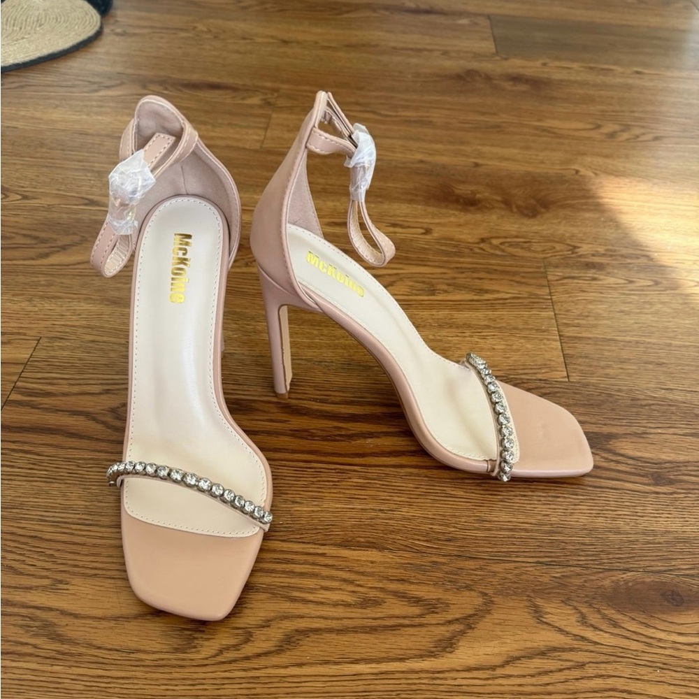 Beige High Heel Sandals with Rhinestone Strap